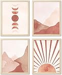 ArtbyHannah Boho Framed Wall Art Set for Bedroom, Bohemia Mid Century Moon Sun Rising Mountains Prints in 11x14 inch Picture Frame for Bathroom, Living Room Decoration(4 Pack, Beige)