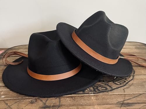 Matching Mommy and Me Hats, Wide Brim Felt Fedora Hats for mom and daughter, Cowgirl Hat for Women and Girls, Fall Winter Accessory, Stylish Flat Brim Boho fashion (Black)2