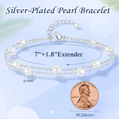 Image of DAYANEY Pearl Bracelets for Women, Gold Bracelet Silver Pearl Jewelry as Summer Gifts for Girls, Dainty Daisy and Heart Braclets Cute Floral Prom Jewelry for Bridesmaid Brazaletes Para Mujer