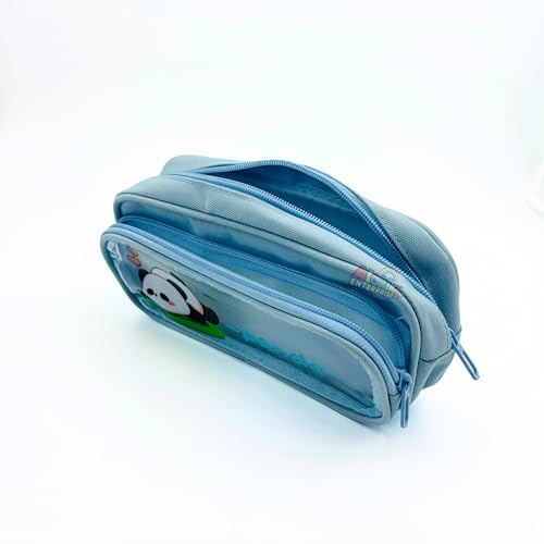 Image of Alokik Enterprise Cute Cartoon Pencil Pouch with Double Zipper & Transparent Window, Large Capacity Fabric Pen Case for School, Office, Students, Kids & Teens (Panda Have Fun with You Sky Blue Pouch)