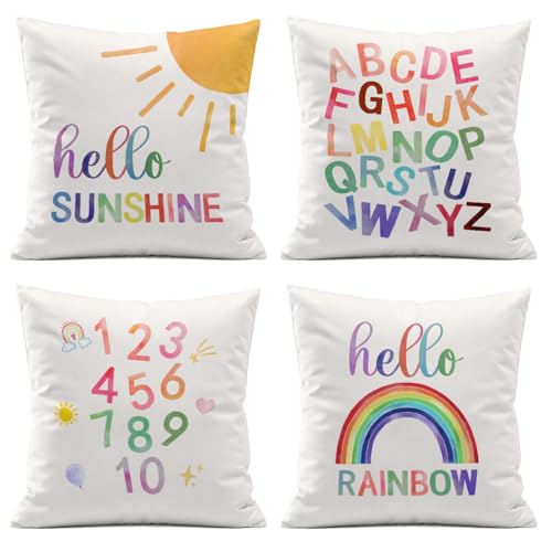 ISANOU Nursery Decorative Pillow Covers,Hello Sunshine Rainbow Alphabet Throw Pillow Covers Decor for Kids Room Nursery Playroom,Boho Classroom Corner Decor,8x18 Inch Pillowcase Set of 4