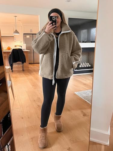 Tankaneo Womens Oversized Sherpa Fleece Jacket Zip Up Teddy Coat Winter Warm Stand Collar Fuzzy Outerwear3