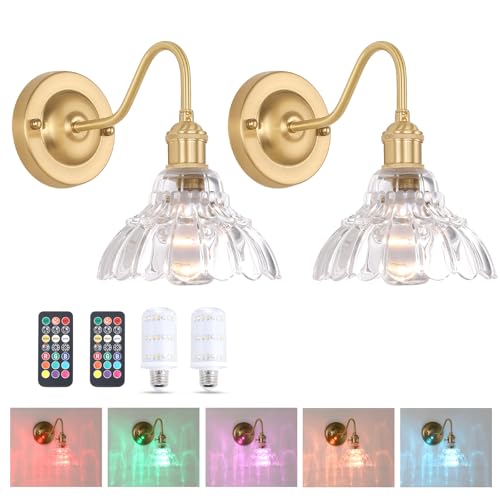 Image of Shenmoyl Battery Operated Wall Sconce Set of 2, Vintage Rechargeable Wall Lights with Clear Lily Glass Shade, Wireless Indoor Wall Lamp with Remote for Bedroom Living Room Bathroom