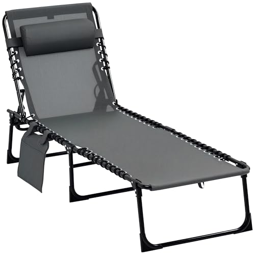 Outsunny Lettino Prendisole Pieghevole con Tasca e Schienale Regolabile, Sdraio da Giardino con Cuscino, Seduta Traspirante in Texteline, per Spiaggia Piscina Giardino, 58x189x30cm, Grigio
