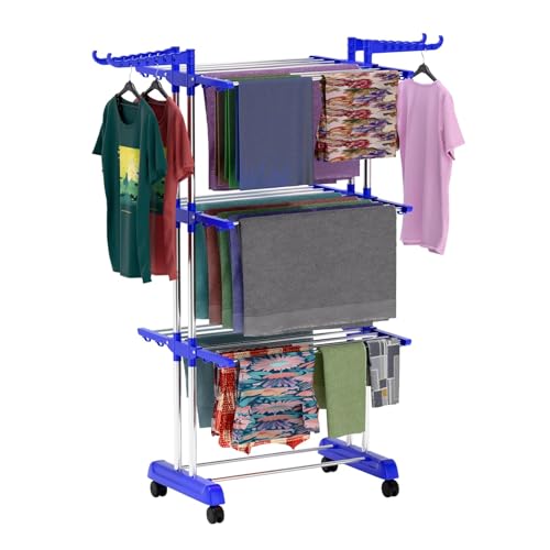 Image of TEKCOOL Foldable Cloth Drying Stand Stainless Steel - 3 Tier Heavy-Duty Clothes Dryer for Balcony, Indoor & Outdoor Use | with Wheels & Hanger Slots | Rust-Proof Laundry Rack (Blue, 3 TIRE):;