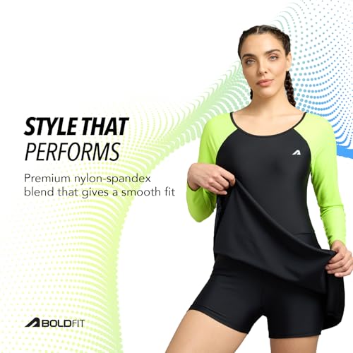 Boldfit Swimming Suit for Women One Piece Swim Suit Set for Woman Knee Length Swimming Costume for Women Stretchable Swimwear Ladies Swimsuit Flexible Fit Swim Dress for Woman Black Green, S