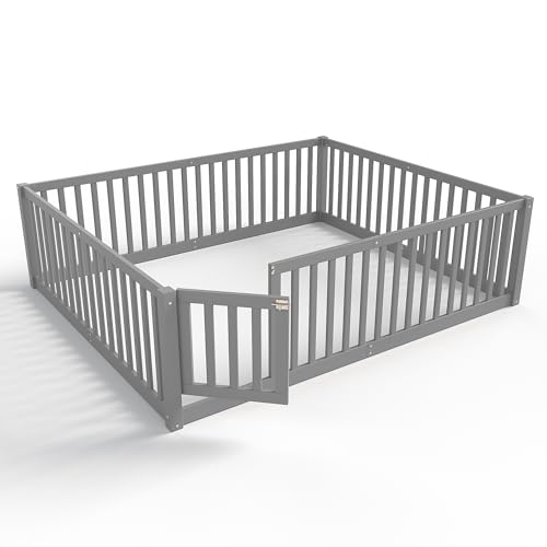 Image of Bellemave Queen Size Kids Montessori Floor Bed with Door,Solid Wood Floor Bed Frame with High Fence for Girls,Boys,Gray