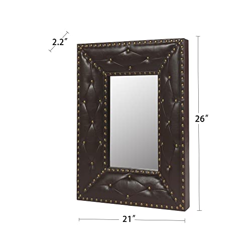 Image of Unique Makeup Mirror Dressing Rectangle Wall Mounted Vanity with Fabric PU Covered MDF Rivet Framed, Rustic Home Decor, Living Room, 21x26inch