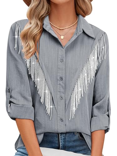 Image of MYMORE Womens Sparkly Fringe Shirt Western Cowgirl Country Concert Outfit