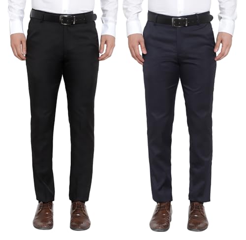 Image of The PS Men's Formal Regular Fit Cotton Blend Black, Dark Grey Combo Trouser (Pack of 2)