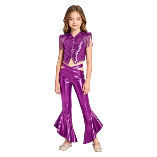 Ensemble vêtements danse jazz fille pantalon et veste violette à paillettes