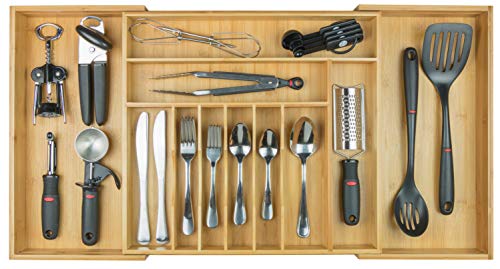 KitchenEdge cajón de la cocina de la bandeja organizadora, expansible a 33 pulgadas de ancho, 10 compartimentos, bambú