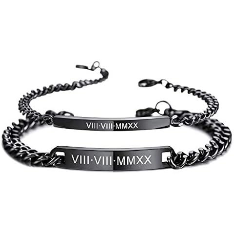 MeMeDIY 2 Pcs Personalized Couple Bracelets Set Custom Engraving Name/Date/Coordinates for Boyfriend Girlfriend Stainless Steel Adjustable Love Matching Relationship Valentine's Gift(Black Color) Cover