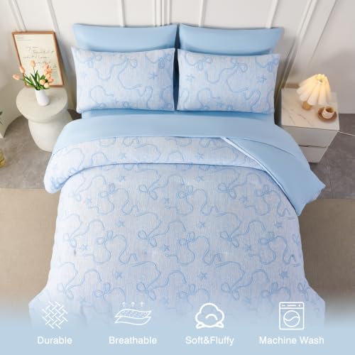 Image of PERFEMET Full Bedding Set for Girls Light Blue, 5 Pieces Aesthetic Embossed Bow Comforter Set with Sheets, Soft All Season Cute Bowknot Jacquard Bed in a Bag Women Boho Bedroom Decor
