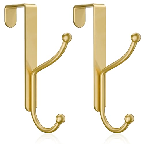 Image of niffgaff Over Door Hook 2-Pack, Heavy Duty Door Hanger, Fits Interior Doors 1.4 Inches Thick, Organize Coats, Hats, Towels, and Bags for Entryways, Bathrooms, Bedrooms, and Kitchens, Gold