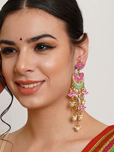 Karatcart Gold Plated Pink Meena Lotus Design Kundan Dangler Earrings for Women - Image 3