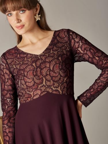 Image of Miss Chase Women's V-Neck Full Sleeve Self Design Lace-Overlaid Georgette Maxi Dress