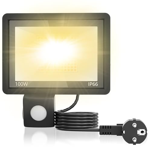 LILIIN 100W LED Strahler mit Bewegungsmelder, 3500LM Superhell Außenstrahler Scheinwerfer Fluter IP66 Wasserdichter, für Garten, Garage, Außen&Innen, Warmweiß, Mit Stecker LILIIN 100W LED Strahler mit Bewegungsmelder, 3500LM Superhell Außenstrahler Scheinwerfer Fluter IP66 Wasserdichter, für Garten, Garage, Außen&Innen, Warmweiß, Mit Stecker