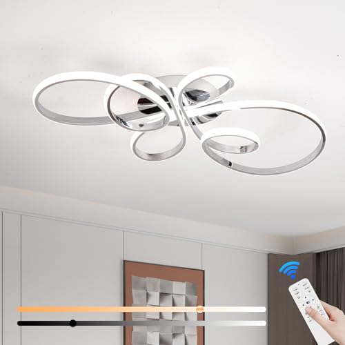 Image of HLILCEH 66W Modern LED Ceiling Light, 5 Rings Flower Flush Mount Light Fixture with Remote Control Chrome Dimmable Ceiling Lamp for Living Room, Bedroom, Dining Room, Hallway, Kitchen