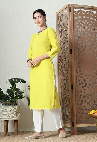 Image of Amazon Brand - Tavasya Women Cotton Katha Straight Regular Fit Kurta | Solid Ethnic Kurti | 3 /4 Sleeve Casual & Office Wear |Kurta for Women