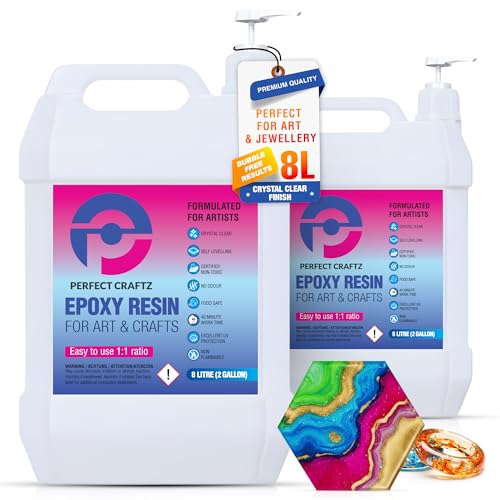 Perfect Craftz Epoxy Resin Kit 8L - Crystal Clear 2 Part Resin & Hardener Food Safe & UV Resistant Bubble Free Self-Leveling Casting & Coating for Art and Craft Jewellery Making Decor Items