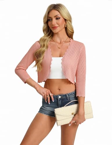 GRACE KARIN 3/4 Sleeve Cardigan for Women Lightweight Summer Sweater Open Front Knit Bolero Shrugs for Dresses(Pink,L) — view 4