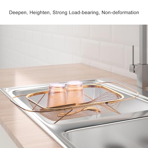 Lwuey Sieb über der Spüle, Erweiterbare Körbe mit Feinem Netz und Griff aus Edelstahl, Rechteckig Zum Abtropfen, Spülen von Obst, Gemüse, Nudeln, New Home Essentials (Roségold)