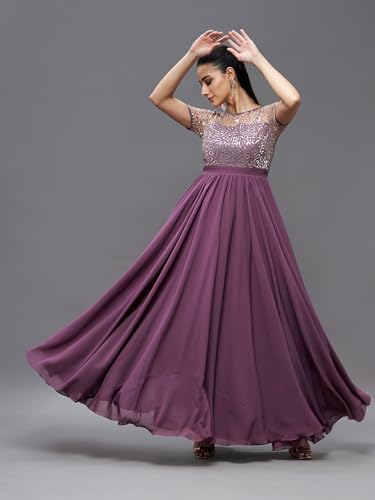 Image of Miss Chase Women's Round Neck Sleeve Embellished Fit Flare Maxi Dress