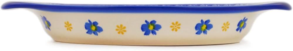 Polmedia Polish Pottery Platter with Handles 9-inch UNIKAT - Monstera Blooms Pattern Handmade in Boleslawiec Poland by Ceramika Dalia + Certificate of Authenticity