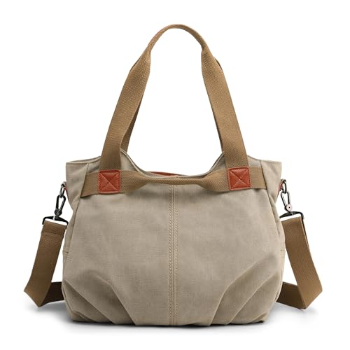 DIRRONA Sac Bandoulière Femme en Toile – Grand Sac à Main avec Grande Capacité pour Le Quotidien, Le Travail et Le Voyage Beige Kaki Chaleureux