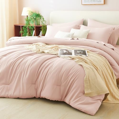 CozyLux Queen Comforter Set Blush Pink, 7 Pieces Bed in a Bag Queen Comforter Set with Sheets, Bedding Sets with Down Alternative Comforter, Fitted Sheets, Flat Sheets, Pillow Shams and Pillowcases