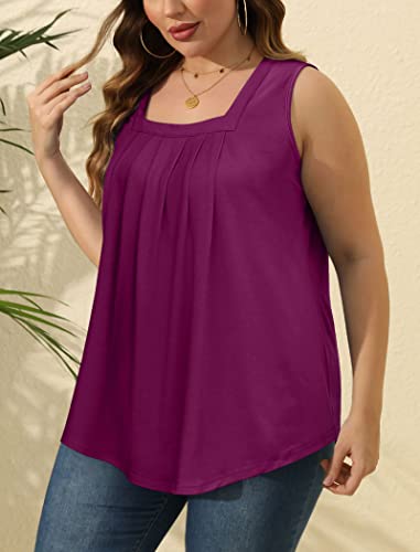 Image of Saloogoe Summer Tank Tops for Women Loose Fit Pleated Square Neck Sleeveless Tops Curved Hem Flowy