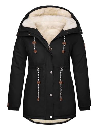 Tuopuda Damen Übergröße Winterparka Langer Wintermantel Baumwolle Kapuzenmantel für Frauen Warm Fleece Gefüttert Winterjacke Verdicken Parka(Schwarz,XXL)