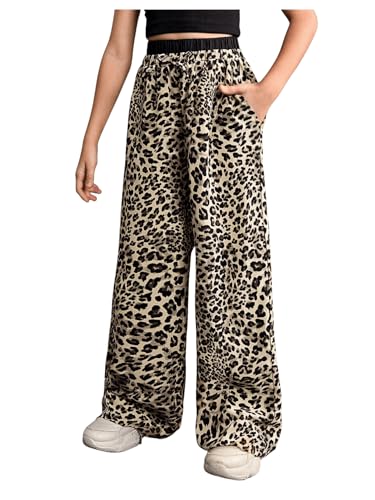 Image of Floerns Girl's Leopard Print Patched Drawstring Waist Wide Leg Y2k Pants