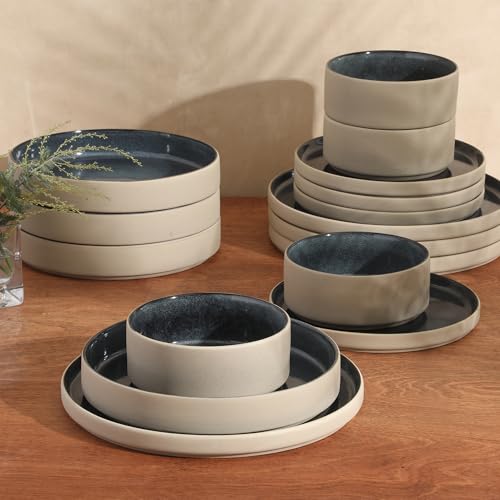 Image of Gibson Elite Liberty Bay 16-Piece Pottery Clay Stoneware Dinnerware Set - Blue Reactive Glaze, Stackable Plates and Bowls W /Pasta Bowl, Service for 4 - Microwave & Dishwasher Safe