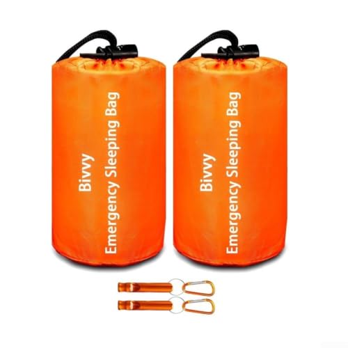 Lot de 2 sacs de couchage de survie légers et imperméables en feuille de mylar pour camping, randonnée, équipement de plein air Orange