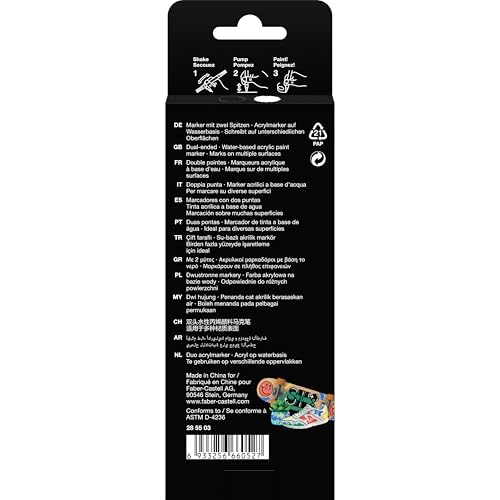 Image of Faber-Castell Black Edition Shake & Paint Acrylic Marker - Black & White Colours, Box of 2 | Dual-Tip, Water-Based, Permanent Paint Markers for Multi-Surface Use | Acrylic pens with double tip (1 mm and 3 mm) for paper, wood, glass, stone and more