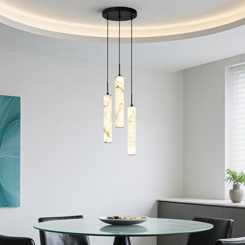 Image of LMQNINE Natural Alabaster Pendant Lights for Kitchen Island White Marble Long Tube Chandelier 4000K Modern Black Ceiling Light Fixtures for Bedroom Dining Room Living Room Hallway(Y-3Light-Crackle)