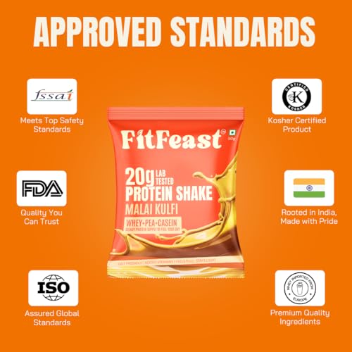 Image of FitFeast Protein Shake Sachet - Pack of 7 | 20g Triple Blend Protein Per Serve| 45:35:20 Whey, Pea & Casein Blend | No Maltodextrin | 0 Added Sugar | As Seen on Shark Tank (Malai Kulfi)