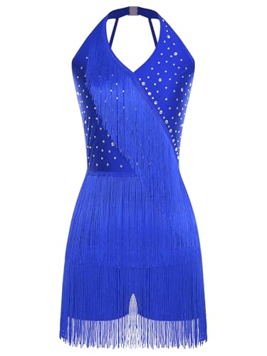 TiaoBug Damen Pailletten Tanzkleid Strassstein Neckholder Latein Kleider Rückenfrei Trikot Body mit Bein Fransen Rock Flapper Eiskunstlauf Kleid Blau...