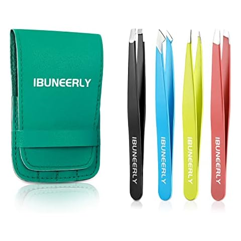 iBuneerly Tweezers Set, 4Pcs Tweezers for Women with Travel Case, Professional Stainless Steel Eyebrows Tweezers, Great Precision Tweezers for Ingrown Hair, Facial Hair, Splinter Removal (Multi-Color) Cover