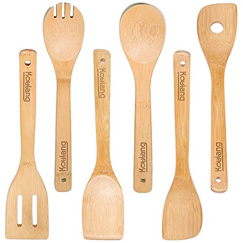 Koulang Bamboo Kitchen Utensils Set - Wooden Spoons for Cooking 6-Piece Wood Spatula Natural Healthy Cooking Tool Nonstick Spoon Lightweight for Mixing Serving Stirring Kit 6 Pack
