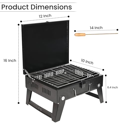 Image of Pivalo Charcoal Barbeque Grill Set | Tandoori BBQ for Home & Outdoor Use | 4 Piece Combo | 5 Skewers | 1 Tong | 1 Glove | Foldable Standing BBQ for Camping, Picnic & Travel Cooking (Pack of 1, Black)