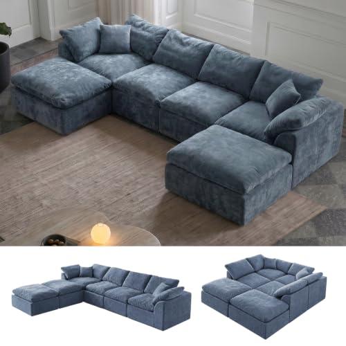 Image of Cloud Couch Sectional for Living Room, Modular U Shaped Boneless Sofa with Chaise, Compressed No Assembly Couch, Deep Seat Chenille Upholstered Convertible Sofa Bed(Steel Blue)