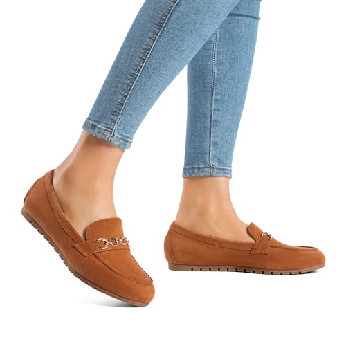 DREAM PAIRS Loafers for Women Casual Comfortable Slip On Flat Lightweight Leisure Work Shoe Comfort Walking Shoes,Size 5.5,Brown-Suede,DWUMSP2501