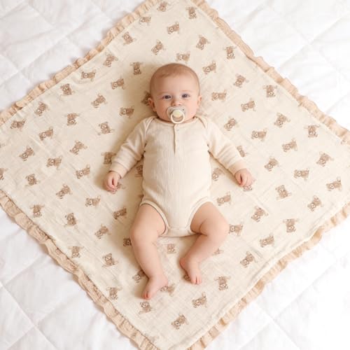 Image of 100% Organic Cotton Muslin Baby Blanket Flounce Edge Large 50 inchx43 inch Teddy Bear, Soft Breathable Toddler Quilt Crib Blankets Gender Neutral for Baby Boys and Girls Bassinet, Bed, Stroller & Snuggling