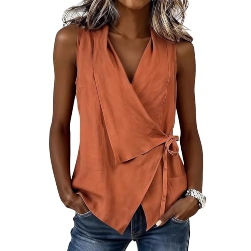 Camiseta sin mangas con cuello en V para mujer, con vendaje lateral, ajuste regular, informal, para el trabajo, fiestas, citas, vacaciones, naranja, 3XL