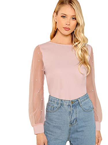 DIDK Damen Elegant Blusen Chiffonbluse Rundhals Einfarbig Langarmshirts Perlenbesetztes Mesh-Oberteile Mit Perlen Pink M