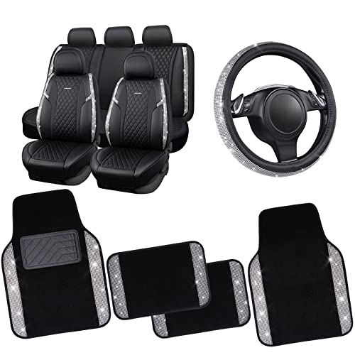 Car Pass Iridescent Diamond Nappa Calfskin Leather Cushioned,Bling Seat Covers & Steering Cover & Car Floor Mats Universal Fit For Auto Suv Sedan,Sparkly Glitter Shining Rhinestone, Silver #TOP20