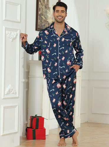 Image of Veseacky Mens Silk Satin Pajamas Set Short Sleeve Sleepwear Button-Down Pjs Sets Two-Pieces Loungewear with Pockets S-XXL